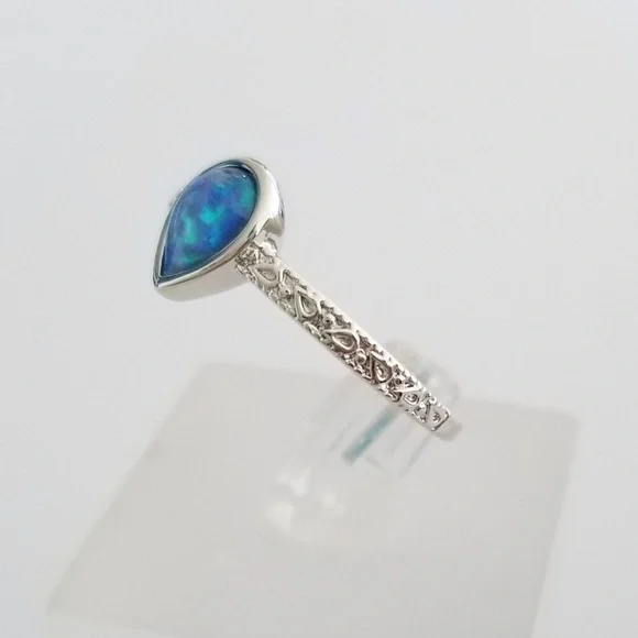 18k Over Sterling Blue Opal Ring - Picture 3 of 8